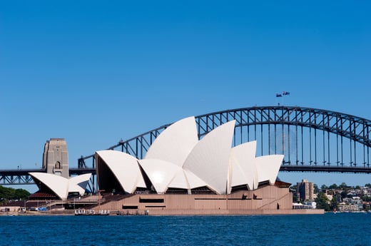 Sydney opera house in front of sydney harbour bridge and blue sky