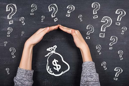 hands shielding a bag of money surrounded by question marks