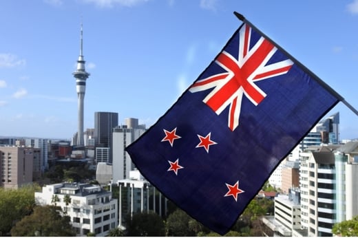 new zealand flag against a city backdrop