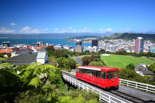 View of a Red Cable Car over Wellington City New Zealand